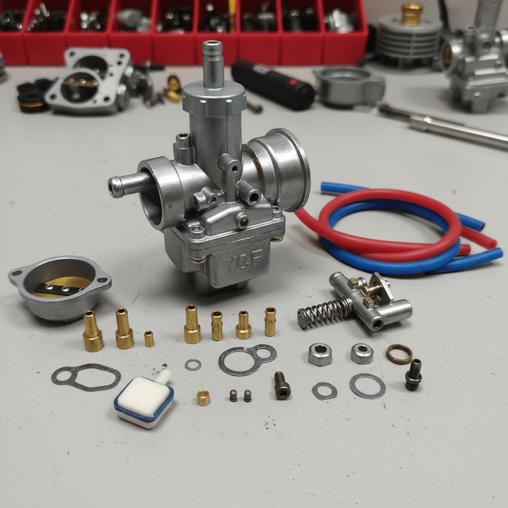 Carburetor with various small parts and red and blue hoses on a table