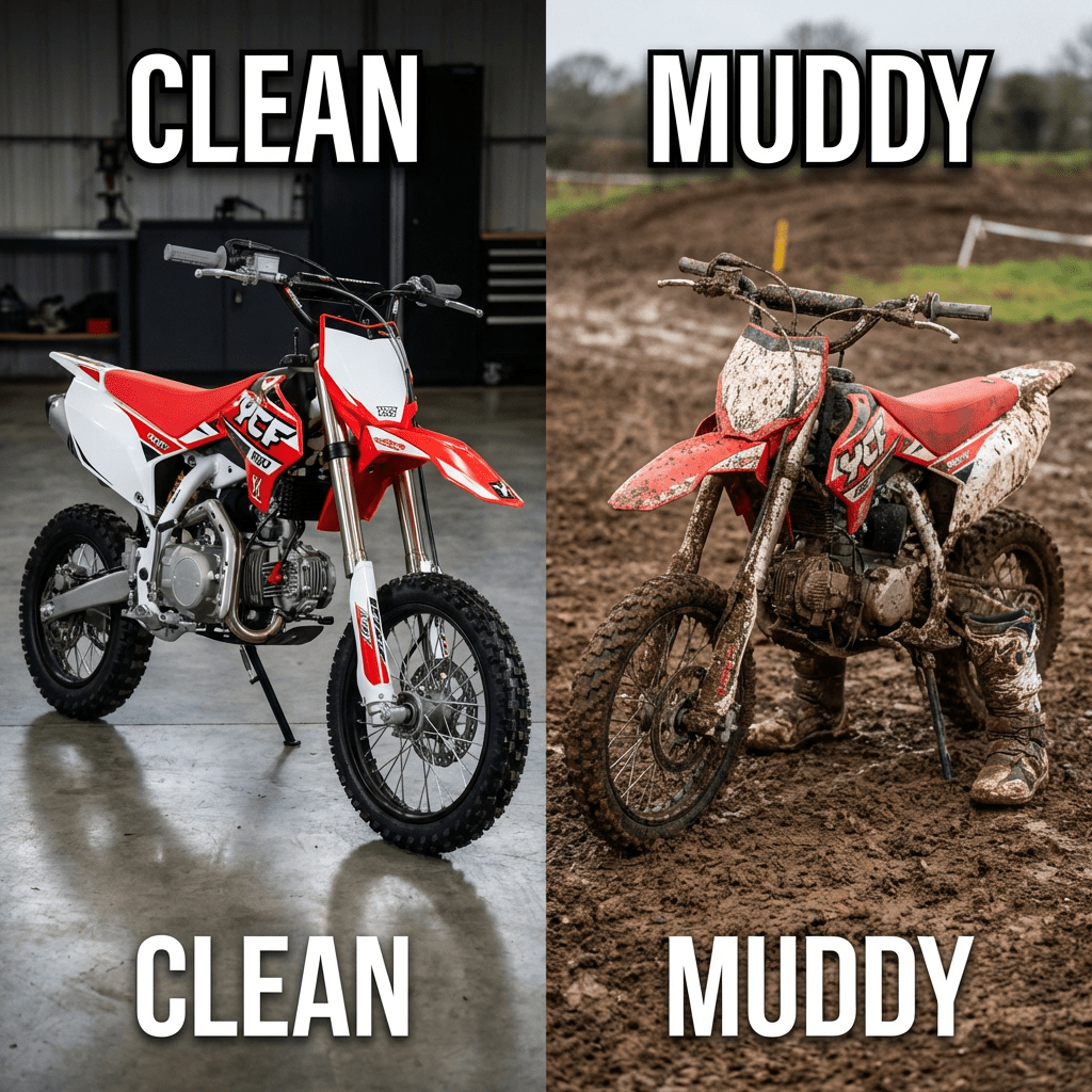 Two dirt bikes side by side, one clean indoors and one muddy outdoors.