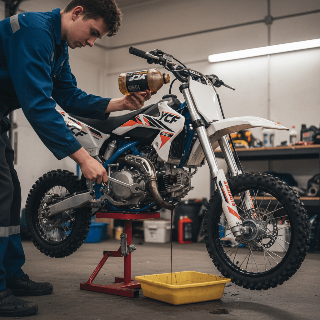 Mechanic pouring oil into a dirt bike engine while using a wrench
